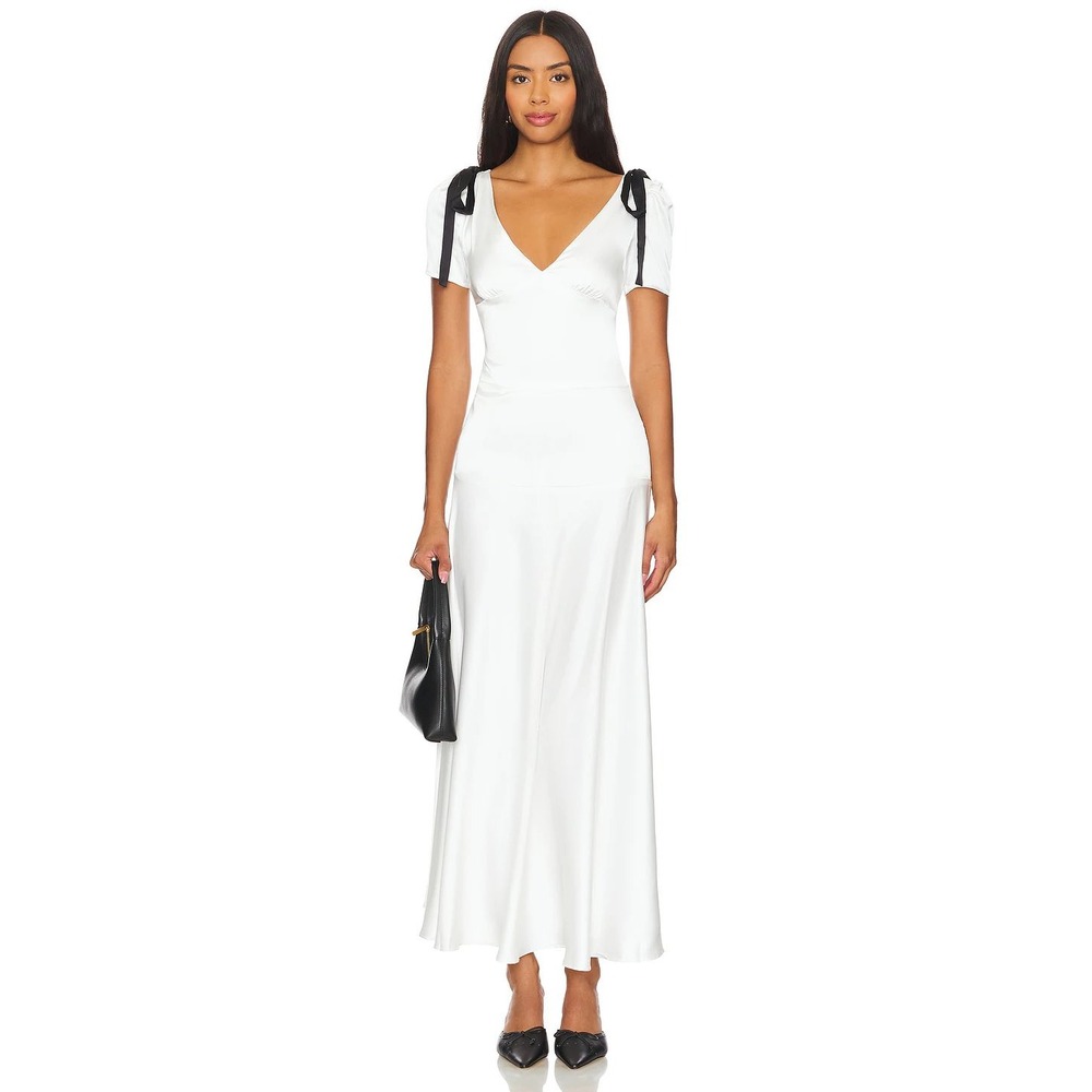 Lioness Du Cap Maxi Dress Porcelain White Black Shoulder Tie Satin Gown Size S